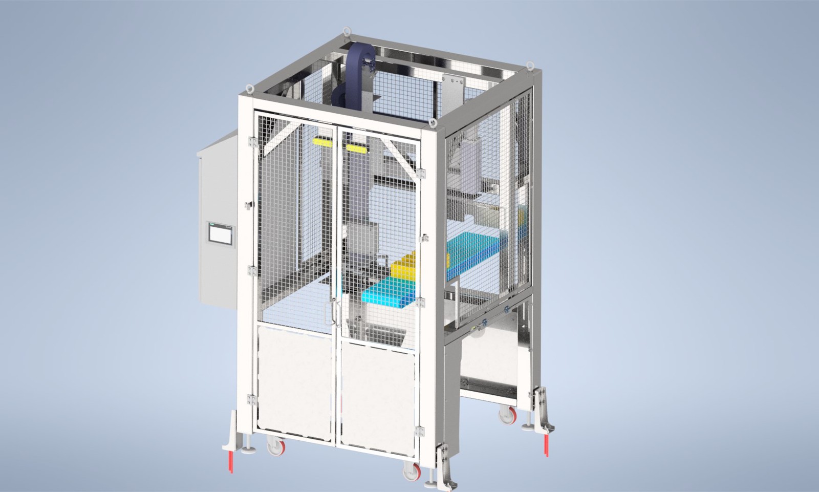 Wizualizacja maszyny Cheese inserter 4000 z transporterem i manipulatorem